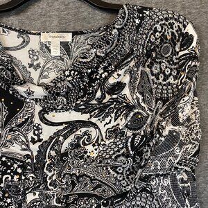 Dressbarn Womens Size Petite XL Black & White Paisley Print 3/4 Sleeve Top Shirt